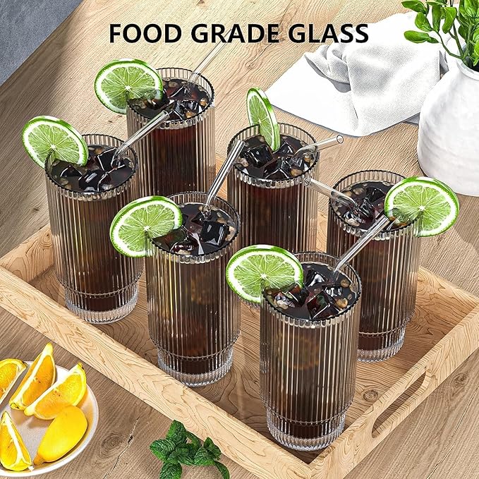 16OZ Ribbed Glass Cups with Lids and Straws 4 Set, Vintage Glassware for Whiskey Cocktail Beer, Iced Coffee Cups with Lid, Glass Tumbler with Straw and Lid (4 PACK)