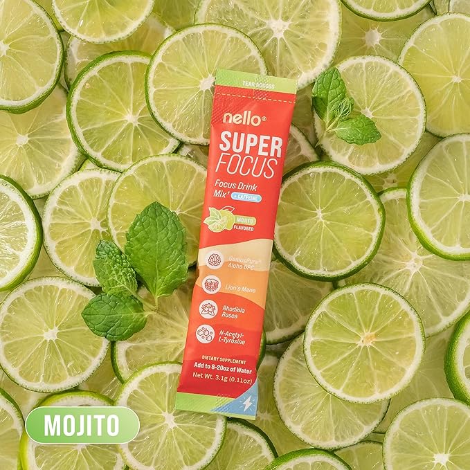SuperFocus Mojito with Caffeine– Nootropic Focus Drink Mix, 20 On-The-Go Packets, Alpha GPC, Lion’s Mane, Rhodiola, Sugar-Free