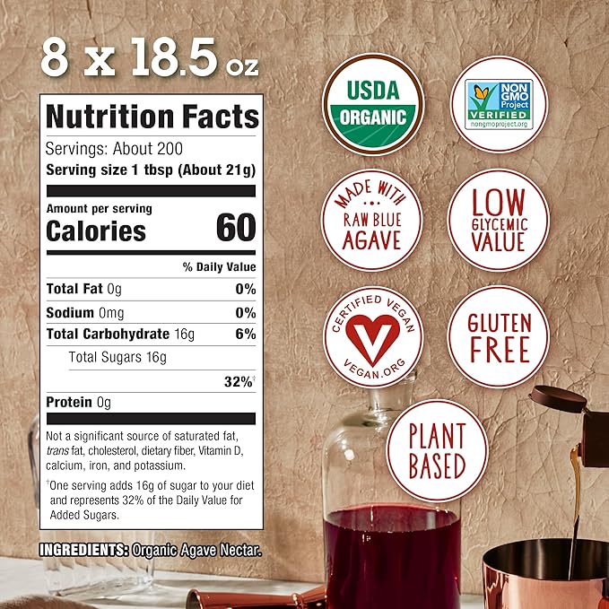 Organic Agave In The Raw Agave Nectar, 18.5 oz., 8 Pack, Made With Organic Blue Agave From Mexico, USDA Organic, Non-GMO Project Verified, Kosher Vegan and Low Glycemic Index