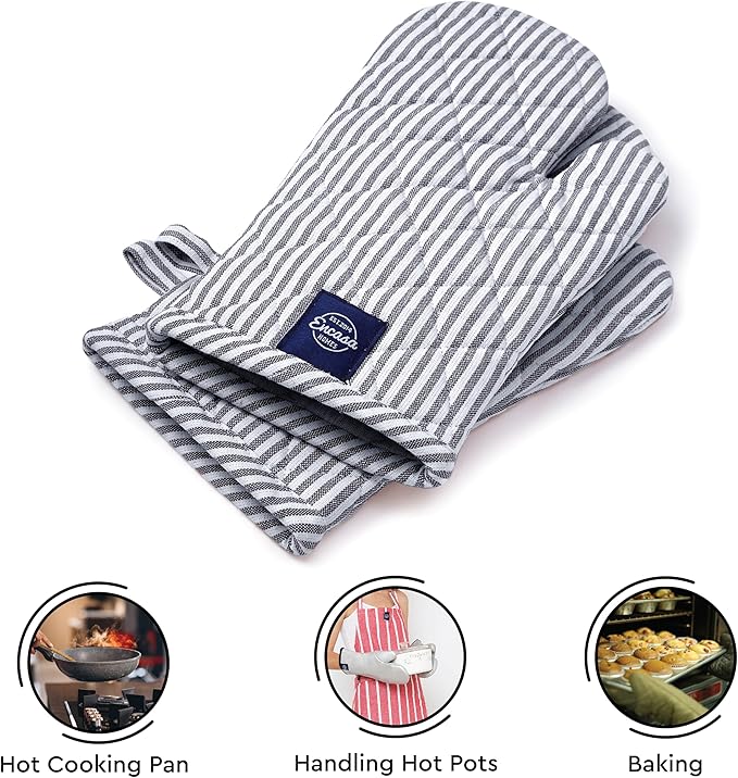 Encasa Homes Long 12"x7" Oven Microwave Hand Gloves Mitts (2 pc Set) for Kitchen Cooking & Baking - Heat Resistant, Thick & Safe, Protection of Hands from Hot Utensils - Ticking Navy Blue