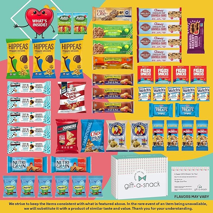 Gift A Snack - Thanksgiving, Holiday, Christmas Stocking Stuffer Healthy Snack Box Care Package + Greeting Card (50 Count) Birthday Treats Gift Basket, Nutritious Granola Breakfast Bars