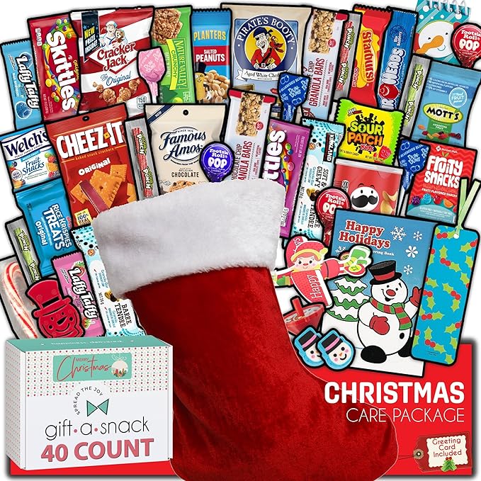 Gift A Snack - Christmas Stocking Stuffed, Pre-filled Holiday Snack Box Care Package + Greeting Card (40 Count) Sweet Treats Gift Basket, Candies Chips Cravy Food Assortments & Variety Gifts