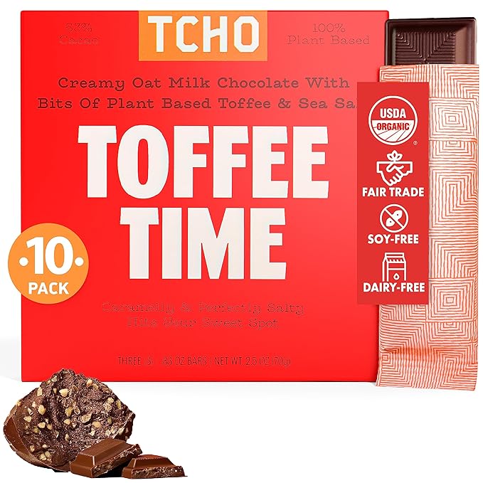 TCHO Toffee Time 53% Oat Milk Chocolate Bars (10 pack) | Plant Based, Organic & Fair Trade, | Non GMO, Non-Dairy, Vegan Chocolate, Soy Free (2.5oz each)