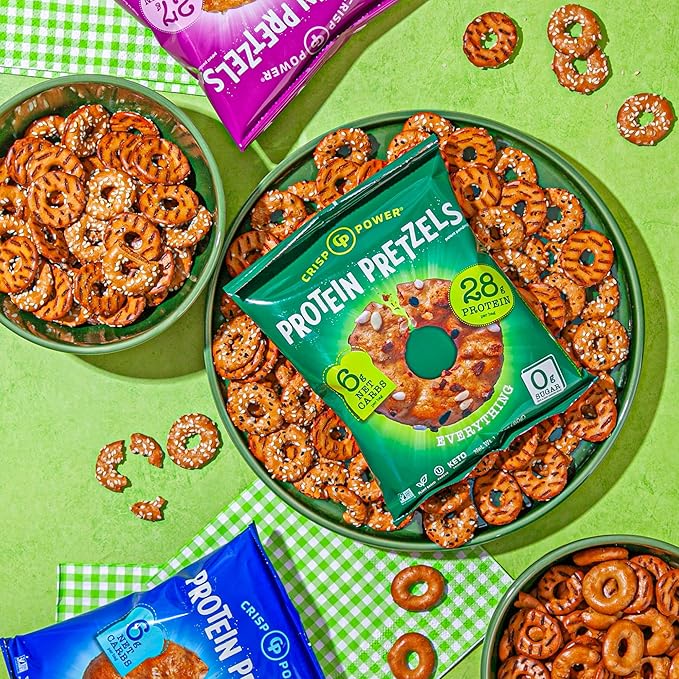 Crisp Power Protein Pretzels, Variety Pack With Sea Salt, Sesame, & Everything, Vegan Keto Snack, Plant Based Protein, Low Carb Crunchy Pretzel Snacks, No Added Sugar, No Seed Oils, 1.75 Oz Bags, 24 Pack