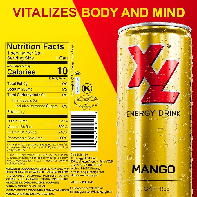 XL Energy Drinks Sugar Free 24 pack Mango Flavor Zero Sugar Energy Drinks - Boost Focus and Energy with Sugar Free Energy Drinks - Pre Workout Drink, Carbonated Mango Energy Drink - Sugar Free Drinks