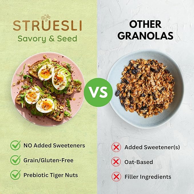 Struesli Savory + Seed Organic Granola, Nut, Grain & Gluten Free, Healthy Snacks with Pumpkin, Sunflower & Chia Seeds, Hemp Hearts, Flax, Tiger Nuts & Sea Salt, Plant Based, Keto & Paleo, 9 Oz, 2 Pack