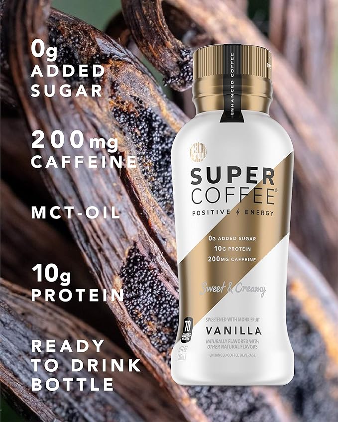 Super Coffee, Ready To Drink Iced Coffee, Vanilla Latte (12 Ounce Bottles, Pack of 12) - Low Net Carbs, No Added Sugar, Keto Friendly, 10g of Protein, Low Calorie, Protein Coffee