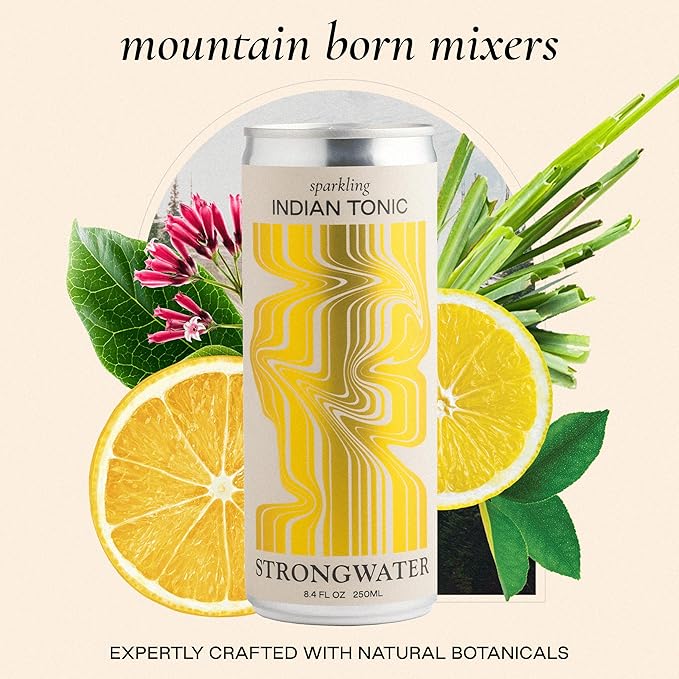 Strongwater Sparkling Indian Tonic Water - 12 Pack Cans (8.4 Fl Oz Each) - Premium Mixer with Quinine, Rocky Mountain Water & Botanicals - No Added Preservatives, Zero Sugar