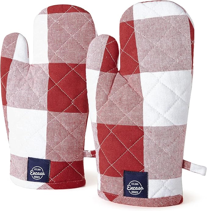 Encasa XO Long 12"x7" Oven Microwave Hand Gloves Mitts (2 pc Set) for Kitchen Cooking & Baking - Heat Resistant, Thick & Safe, Protection of Hands from Hot Utensils - Buffalo Red Checks