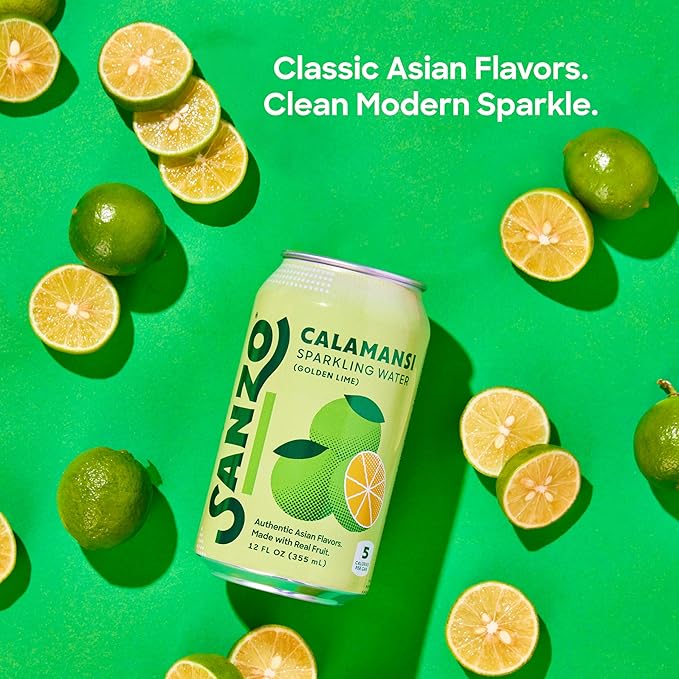Sanzo Flavored Sparkling Water - Golden Lime Seltzer (Calamansi) - Low Calorie Low Sugar Soda - Craft Asian Drinks - Vegan Gluten Free Carbonated Flavored Water - Fizzy Healthy Drinks - 12oz, 12 Pack