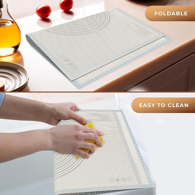 26 * 16 inches White grey, Non-Slip Silicone Baking Sheets - Baking Mat with 0.7mm Thickness - Non-Stick Pastry & Cookie Mat for Kitchen Counter for Rolling Out Dough with Measurements.