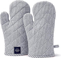 Encasa Homes Long 12"x7" Oven Microwave Hand Gloves Mitts (2 pc Set) for Kitchen Cooking & Baking - Heat Resistant, Thick & Safe, Protection of Hands from Hot Utensils - Ticking Navy Blue