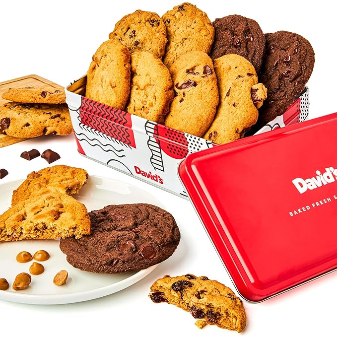 David's Cookies Freshly Baked Cookies Assortment - Delicious Handmade Soft Variety - Exquisite Gourmet Gift for Friends & Family on Special Occasions - Chocolate Chunk, Peanut Butter Chip, Double Chocolate Chunk & Oatmeal Raisin Flavors 8 Count