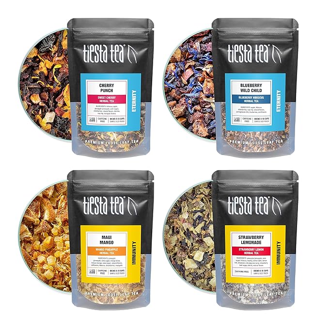 Tiesta Tea - Fruity Tea Sampler Dry Flight Set, Loose Leaf, No Caffeine, Makes Hot and Iced, Assorted Fruit Brews with Mango, Peach, Orange Drinks & More, 8 Resealable Sample Pouches