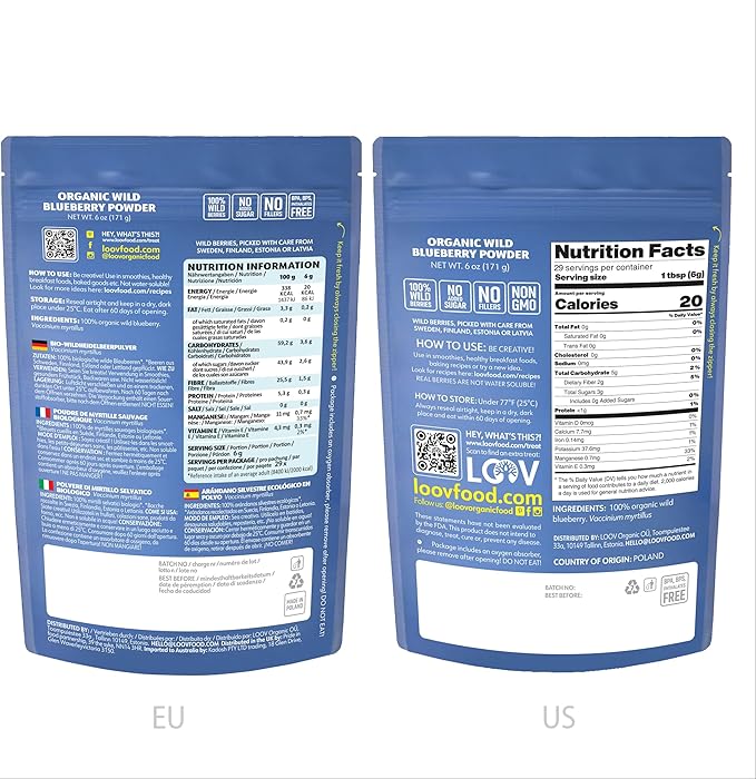 LOOV Organic Wild Blueberry Powder - 29-Day Supply, 6 Oz, Good for Smoothie & Breakfast, Freeze-Dried, from Northern Europe, No Added Sugar
