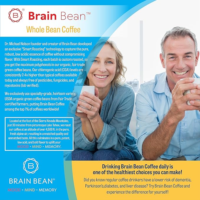 Brain Bean Organic Coffee – Smooth Taste & Rich Medium Roast – High Antioxidant & USDA certified organic for Cognitive Support, Mood Enhancement & Toxin Removal - Whole Bean Coffee – 16 oz (1-Pack)