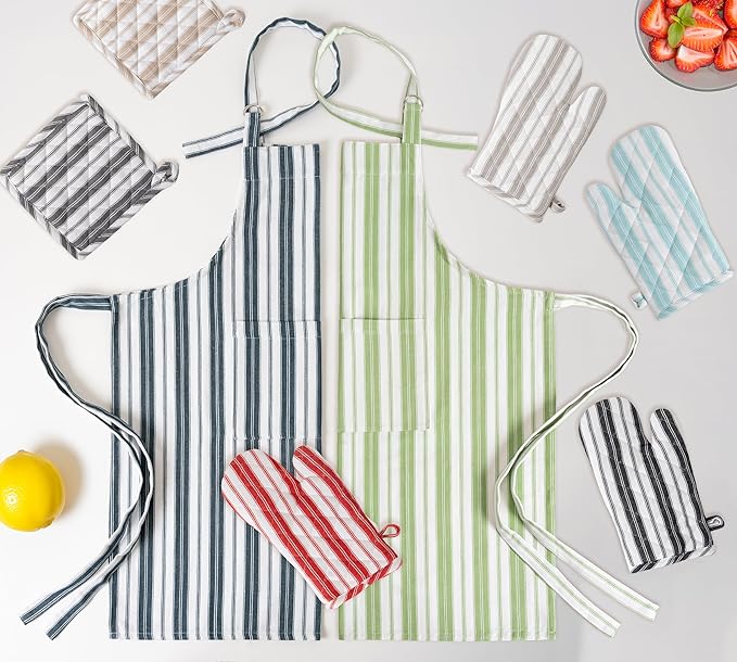 Cotton Professional Apron For Kitchen – 28 x 32 Inches – Women & Men – Useful When Cooking, Baking, Gardening – Adjustable Strap Around Waist & Neck With Pockets Navy Blue Stripes