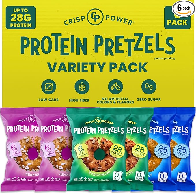 Crisp Power Protein Pretzels, Variety Pack With Sea Salt, Sesame, & Everything, Vegan Keto Snack, Plant Based Protein, Low Carb Crunchy Pretzel Snacks, No Added Sugar, No Seed Oils, 1.75 Oz Bags, 6 Pack