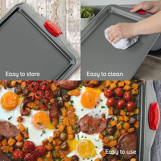 Premium Nonstick Baking Sheet Pans – Set of 3, Heavy-Gauge Carbon Steel, Warp, Dent, and Rust-Resistant – Gourmet Rimmed Half Cookie Sheet Trays, Non-Toxic for Exceptional Baking Performance