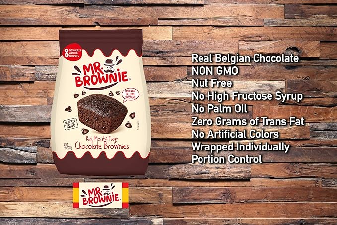Mr. Brownie Chocolate Brownies - 3 Bags x 8 Individually Wrapped Fudge Brownie Bites with Real Belgian Chocolate Bits - Soft Sweet Snack for Home, School and Work - No Nuts, Palm Oil, or Corn Syrup