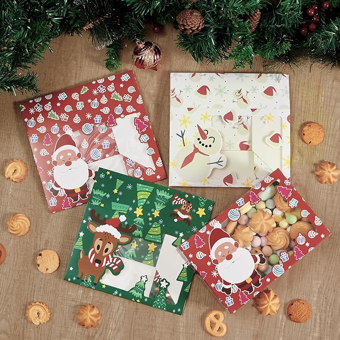 JOYIN 12 PCS Christmas Cookie Boxes for Gift Giving, 8.75" x 5.75" x 2.75" Bakery Treat Boxes Containers with Window for Xmas Holiday Birthday Party Pastries, Cupcakes, Brownies, Donuts, Baked Goods