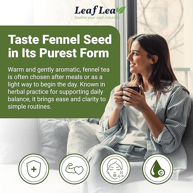 LeafLea 40 Fennel Tea Bags, 100% Natural & Pure Fennel Seed Tea, Gentle Digestion & Fresh Breath, Mild Sweet Finish, Caffeine-Free, Sugar-Free, Vegan, Non-GMO, Individually Wrapped