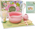 Matcha Whisk Set, Pink Matcha Set, 8 Pcs Complete Ceramic Matcha Making Kit with Bowl, Bamboo Whisk & Holder, Stainless Sifter, Tea Towel, Scoop & Scoop Rest, Perfect for Beginners & Lovers