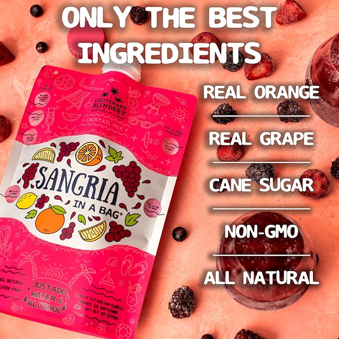 Lt. Blender's Sangria in a Bag – Wine Slushie Mixes - Each Bag Makes 1/2 Gallon of Frozen Red Sangria Mix – Non-GMO Wine Freezer Mix - Make with Wine, Liquor or as a Mocktail - (Pack of 4)