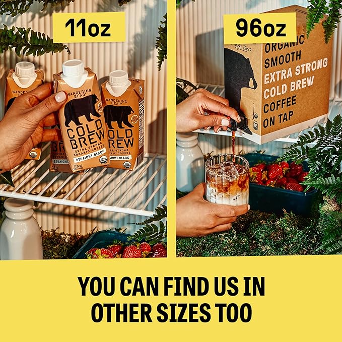 Wandering Bear Organic Caramel Cold Brew Coffee, 32 fl oz, 6 pack - Extra Strong, Bold, Smooth, Unsweetened, Shelf-Stable, Ready to Drink, Gluten Free, & Vegan, Iced Cold Brewed Coffee Drinks