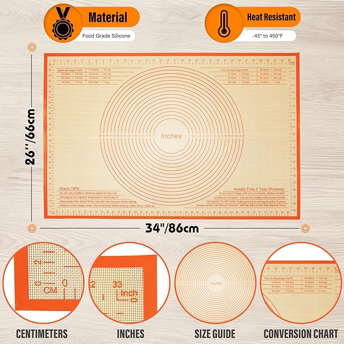 Silicone Pastry Mat 34x26 Inch - Nonstick Baking Mat Perfect for Dough, Pastry, Pie Crust, Fondant, Pasta/Pizza, Kitchen Counter