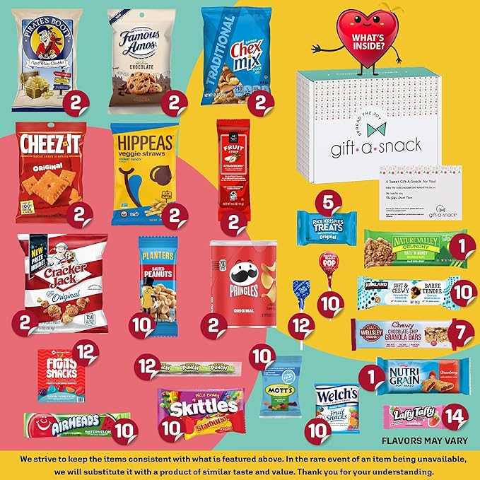Gift A Snack - Thanksgiving, Holiday, Christmas Stocking Stuffer Snack Box Variety Pack Care Package + Greeting Card (150 Count) Birthday Sweet Treats Gift Basket, Candies Chips Crackers Bars