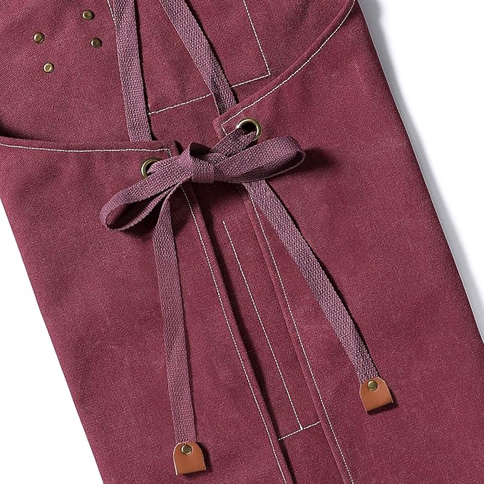 AFUN Chef Aprons for Men Women with Large Pockets, Cotton Canvas Cross Back Heavy Duty Adjustable Work Apron, Size M to XXL(Darkred)