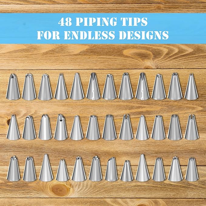 Remerry 61 Pcs Cake Decorating Kit with 12" Wooden Cake Stand Turntable Includes Piping Tips, Spatula, Coupler, Offset & Straight Spatulas, Silicone Mat Baking Tools for Beginners and Professionals