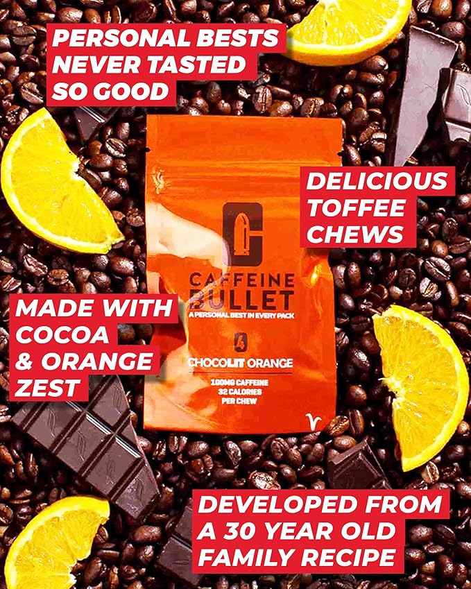 Caffeine Bullet Energy Chews - Chocolate Orange. 40 * 85mg - Faster Kick Than Pills, Gels and Gum. Sport Science for Running, Cycling, Gaming & A Pre Workout Endurance Boost.