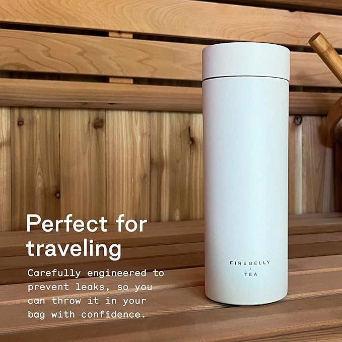Firebelly Tea, Travel Tea Infuser Mug with Strainer, Insulated Tumbler for Loose Leaf Tea or Coffee, Leakproof Bottle for Hot or Iced Drinks, Stainless Steel Thermos with Lid, Blanc