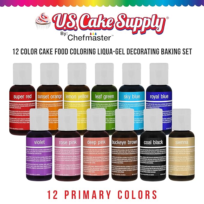 U.S. Cake Supply 12 Color Cake Food Coloring Liqua-Gel Decorating Set - .75 fl. Oz. (20ml) Bottles Primary Colors