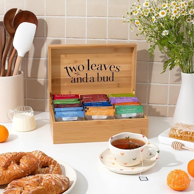 Two Leaves and a Bud Organic Tea Sampler in 6-Slot Bamboo Presentation Box - Filled Gift Box with Tea Assortment of Green, Black, and Herbal Teas