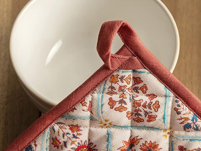 Maison d' Hermine Pot Holders Set 100% Cotton Heat Resistant Potholders 8" x 8" Hot Pads with Loop BBQ, Cooking, Baking, Grilling, Kitchen, Handling Hot Pans (Pack of 2, Romane)