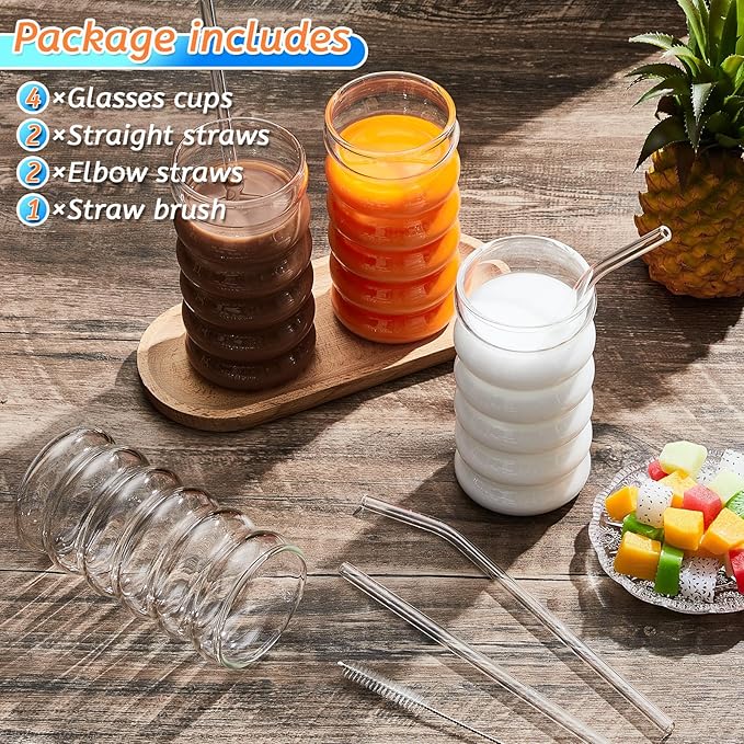 Tessco for you 4 Pcs Creative Glass Cups Vintage Drinking Glasses Ribbed Glassware Aesthetic Cup Entertainment Dinnerware Glassware with Straws Set for Kitchen Coffee Beverage(16 oz,Clear)