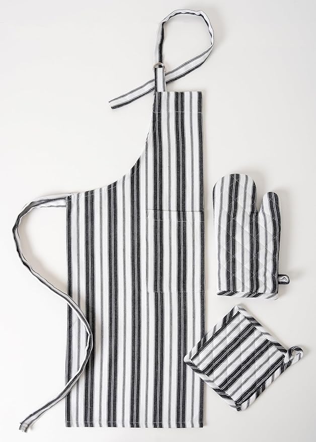 1 Oven Mitt, 1 PotHolder & 1 Kitchen Apron Set - Durable Heat Resistant Gloves - Thick Mittens for Kitchen - Suitable for Cooking, Baking, Grilling – for Men & Women – Black Stripes - Casa De Lan