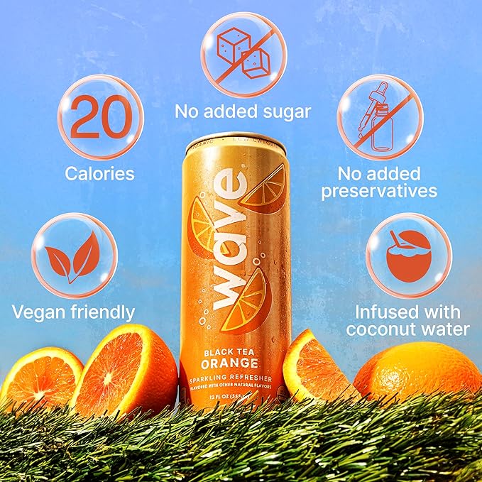 WAVE Sparkling Refreshers | Sparkling Juice | Organic Hydration | Low Calorie Drink | Lightly Carbonated Soda Alternative | No Added Sugar or Artificial Ingredients | Black Tea Orange | 12 Pack