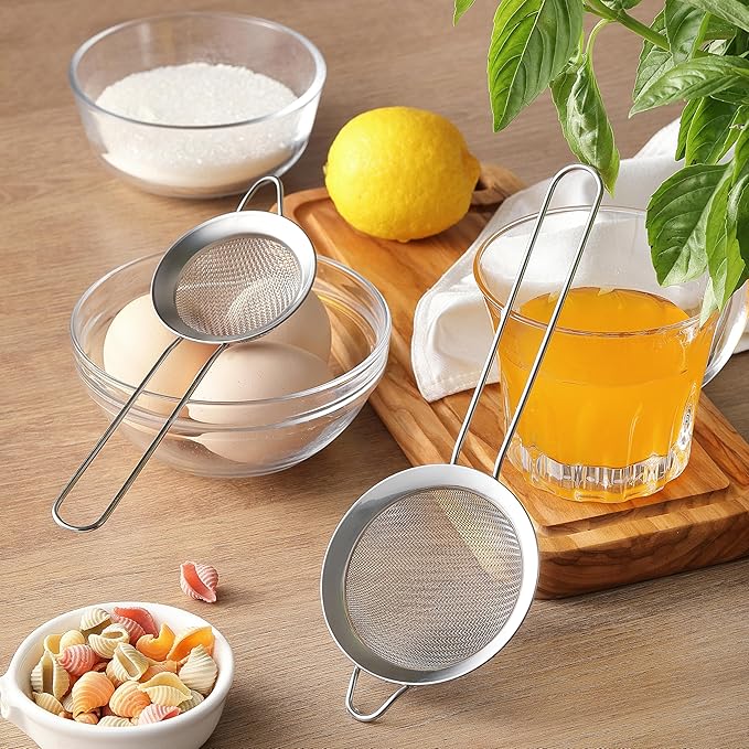 2 Pack Fine Mesh Strainers, Mini Stainless Steel Strainer with Handle for Kitchen, Metal Sieve Sifters for Straining Tea, Matcha, Cocktail, Juice and Coffee (8.6in 7.5in)