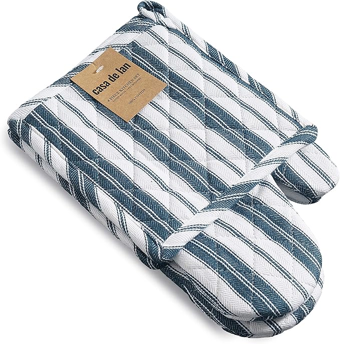 1 Oven Mitt, 1 PotHolder & 1 Kitchen Apron Set - Durable Heat Resistant Gloves - Thick Mittens for Kitchen - Suitable for Cooking, Baking, Grilling – Men & Women – Navy Blue Stripes - Casa De Lan