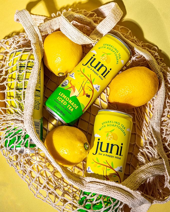 Juni Sparkling Adaptogen Drink with Ashwagandha, Lion’s Mane & Reishi Mushrooms | Green Tea for Focus, Zero Sugar, 10 Calories, Organic | Non Alcoholic Drinks - Lemonade Iced Tea 12 pack