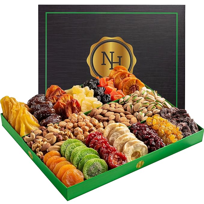 Thanksgiving Dried Fruit & Nuts Gift Basket - Extra Large Selection of 18 Food Tray - Assorted Food Gift Box for Christmas, Holiday, Family, Sympathy, Men & Women.