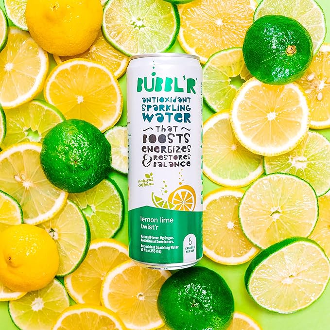 BUBBL'R lemon lime twist'r, Antioxidant Sparkling Water with Natural Caffeine, 0g Sugar, Gluten Free, All Natural Flavors, 12 Fl Oz Cans, 12 Count
