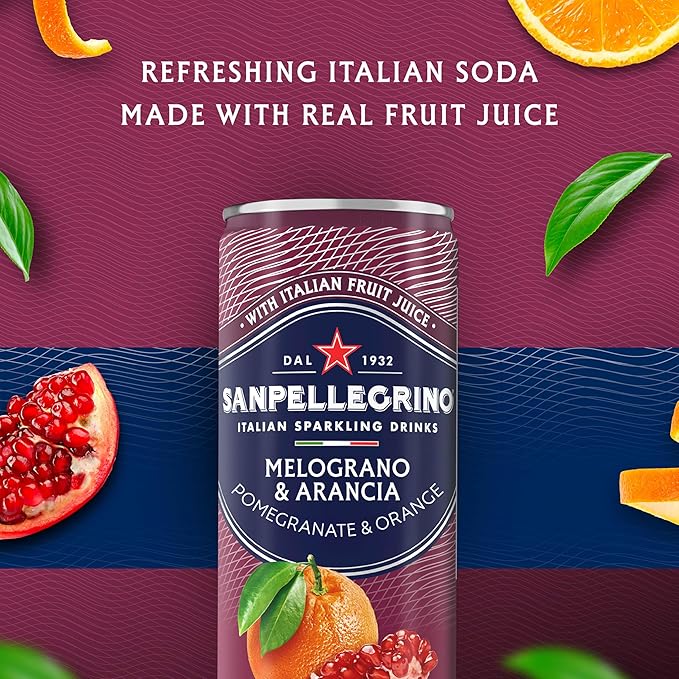 Sanpellegrino Italian Sparkling Drink Melograno And Arancia, Sparkling Orange And Pomegranate Beverage, 24 Pack Of Cans