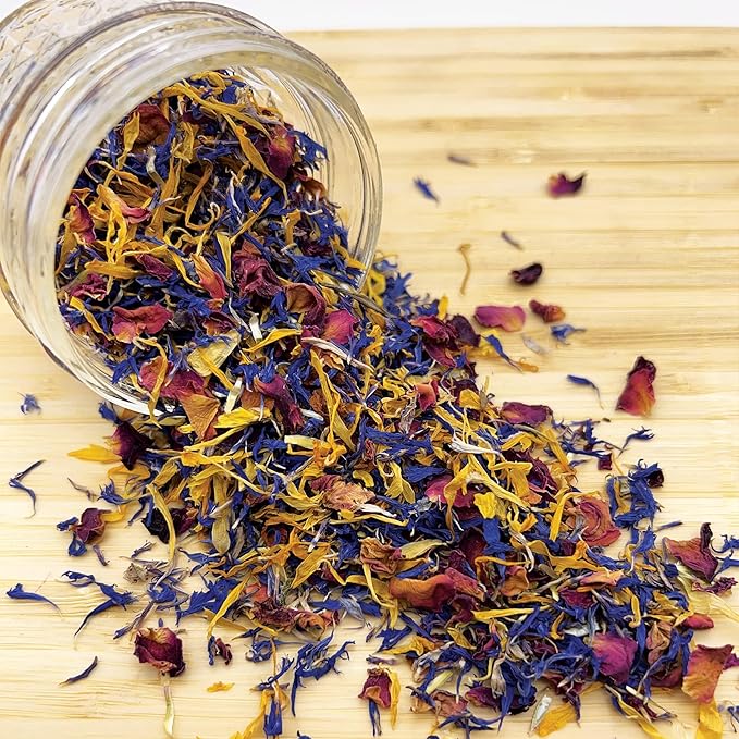 MagJo Naturals Brilliant Flower Petal Blend - Edible blend of calendula, blue cornflower and rose petals, all natural, food-grade, dried floral mix for baking, cocktails & garnish, Packaged in the USA