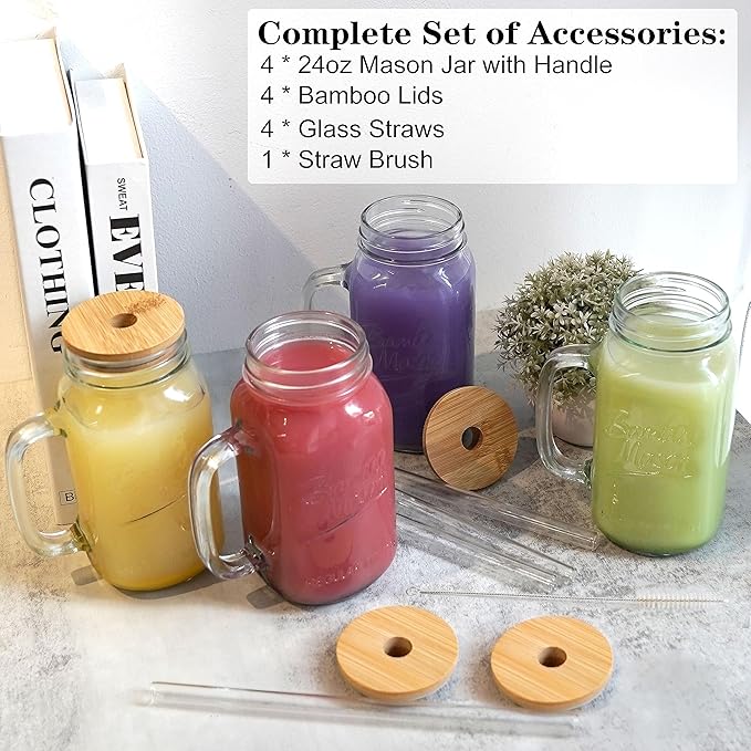 ANOTION Mason Jars Tumbler with Handle - Glass Cups with Lids and Straws Drinking Glasses Coffee Mug Glasses Drinking Set Iced Coffee Cup Smoothie Cup Tea Cup Travel Coffee Mug Water Cup