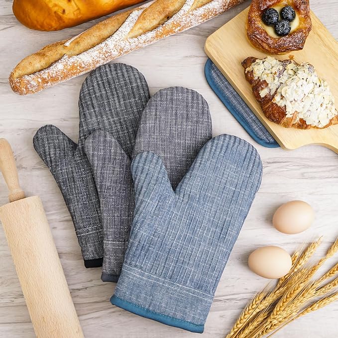 Oven Mitts and Pot Holders, Silicone Oven Gloves, 500 F Heat Resistant Oven Mitts Sets, Non-Slip Silicone Textured Grip, Blue